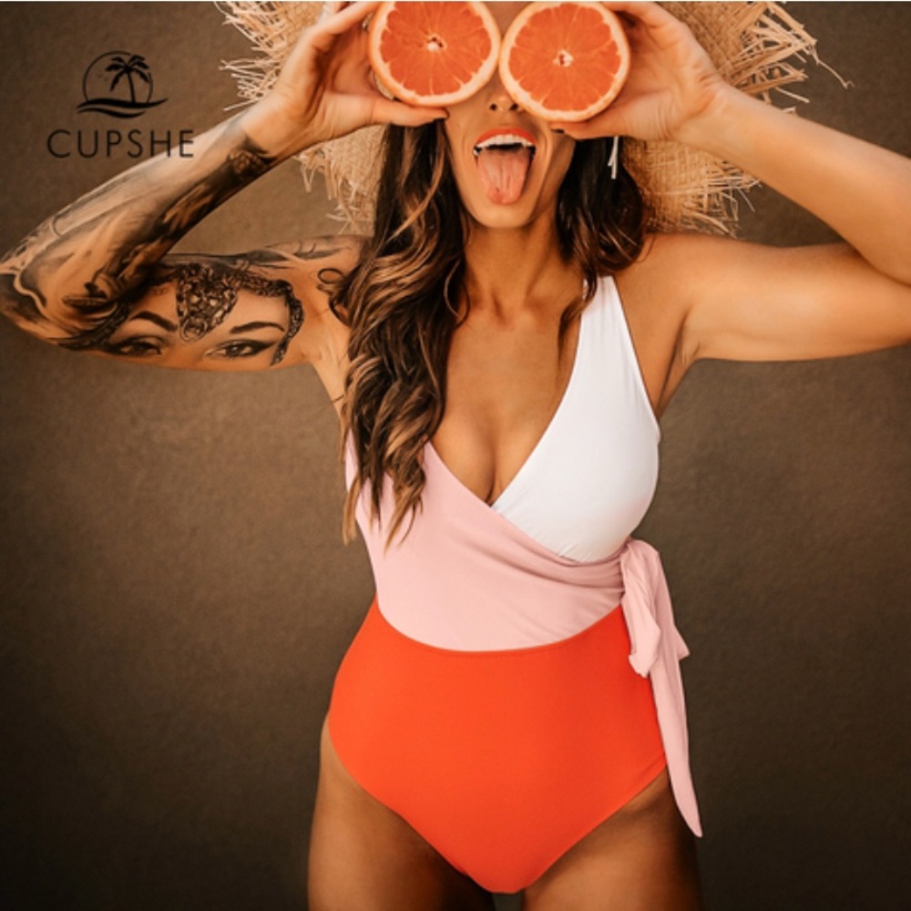 Cupshe Orange And White Colorblock One-piece Swimsuit Women Patchwork Size L - Picture 2 of 5